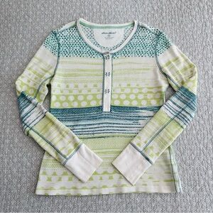 Eddie Bauer Waffle Knit Printed Henley Thermal Long Sleeve Shirt Women Size M